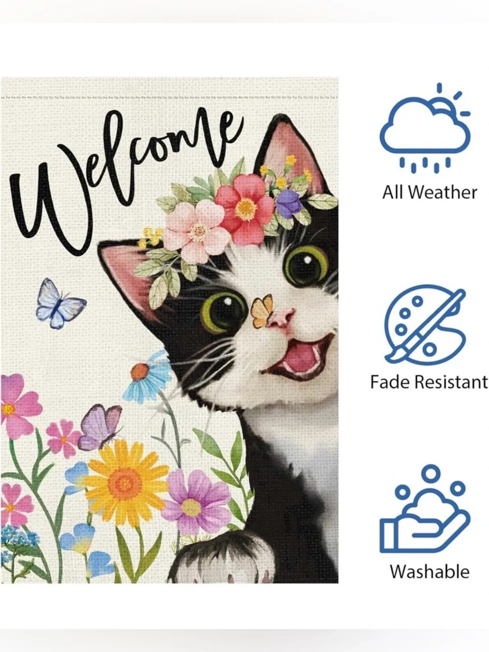 Heyfibro Burlap Welcome Garden Flag 28x40” Cat Flowers Butterflies Spring Summer - Picture 3 of 5